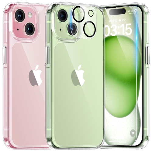 for iPhone 15 Plus Case, 5 in 1 1X Clear Case Not-Yellowing with 2X Tempered Glass Screen Protector + 2X Camera Lens Protector, Militarized Drop