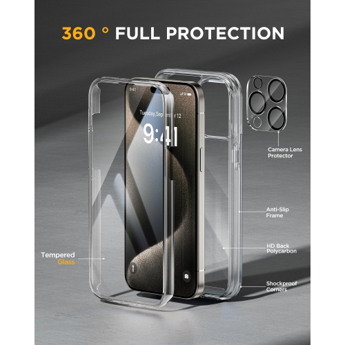 Étui en verre pour iPhone 15 Pro Max 6,7 po, étui protecteur intégral pour téléphone, protecteur d'écran en verre trempé 9H et protecteur d'objectif