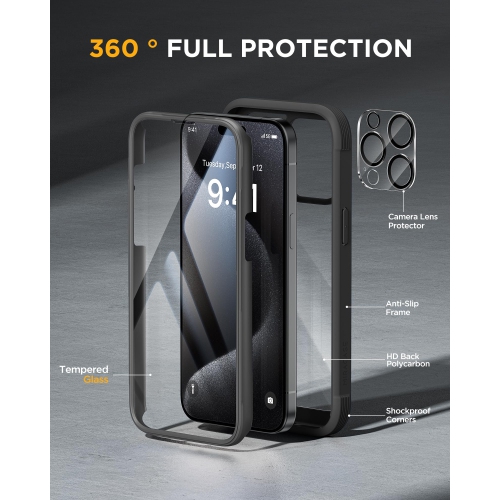 Glass Case for iPhone 15 Pro Max Case 6.7'', Full-Body Bumper Phone Case Cover with Built-in 9H Tempered Glass Screen Protector & Camera Lens