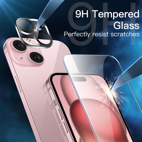 5 in 1 Matte Case for iPhone 15 Plus 6.7-Inch with 2-Pack Each Tempered Glass Screen Protector and Camera Lens Protector, Translucent Back Shockproof