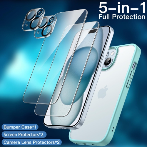 5 in 1 Matte Case for iPhone 15 Plus 6.7-Inch with 2-Pack Each Tempered Glass Screen Protector and Camera Lens Protector, Translucent Back Shockproof