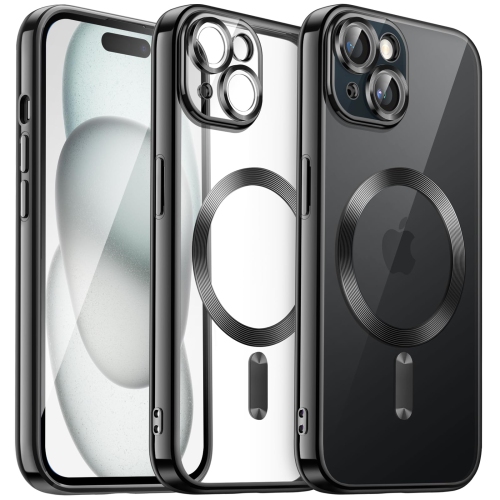 Étui électroplaqué pour iPhone 15 plus 6,7 po, objectif protection complète, compatible avec chargement sans fil MagSafe, étui souple en TPUR