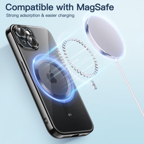 Étui électroplaqué pour iPhone 15 plus 6,7 po, objectif protection complète, compatible avec chargement sans fil MagSafe, étui souple en TPUR