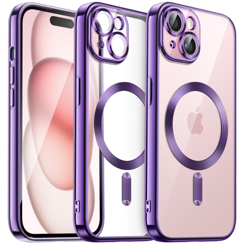 Étui électroplaqué pour iPhone 15 plus 6,7 po, objectif protection complète, compatible avec chargement sans fil MagSafe, étui souple en TPUR