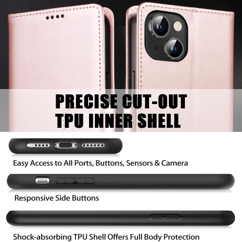 Étui portefeuille iPhone 15 plus en cuir véritable anti-vol RFID béquille fermoir magnétique solide fentes carte crédit protection iPhone 15 plus