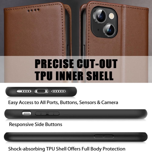 iPhone 15 Plus Case Wallet Genuine Leather Anti-Theft RFID Blocking Kickstand Strong Magnetic Clasp Closure Cash Credit Card Slots Protective iPhone