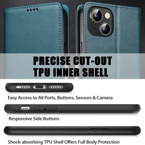 Étui portefeuille iPhone 15 plus en cuir véritable anti-vol RFID béquille fermoir magnétique solide fentes carte crédit protection iPhone 15 plus