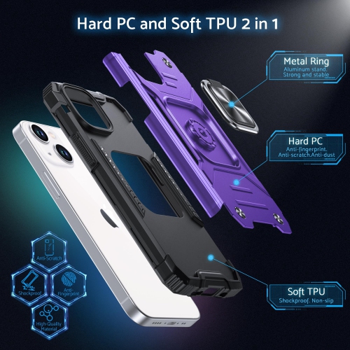 for iPhone 15 Case with Stand, Military Grade Full Body Protective Phone Case with 360° Rotatable Metal Ring Kickstand Support Magnet Mount