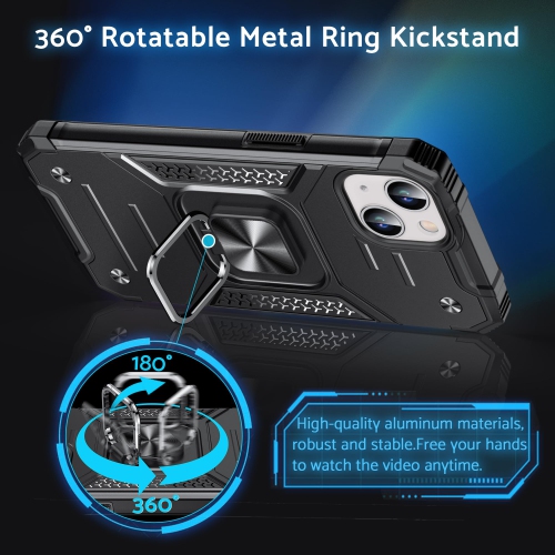 for iPhone 15 Case with Stand, Military Grade Full Body Protective Phone Case with 360° Rotatable Metal Ring Kickstand Support Magnet Mount