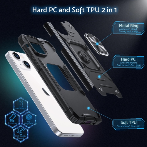 for iPhone 15 Case with Stand, Military Grade Full Body Protective Phone Case with 360° Rotatable Metal Ring Kickstand Support Magnet Mount