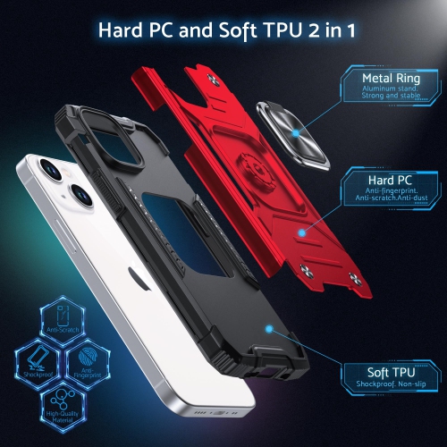 for iPhone 15 Case with Stand, Military Grade Full Body Protective Phone Case with 360° Rotatable Metal Ring Kickstand Support Magnet Mount