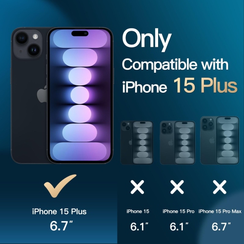 Étui 5-en-1 pour iPhone 15 plus de 6,7 po avec paquet de 2 protecteurs d'écran en verre trempé et protecteur d'objectif d'appareil photo, étui