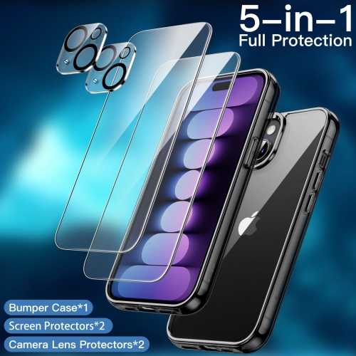 Étui 5-en-1 pour iPhone 15 plus de 6,7 po avec paquet de 2 protecteurs d'écran en verre trempé et protecteur d'objectif d'appareil photo, étui