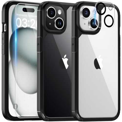 for iPhone 15 Plus Case, 5 in 1 1X Clear Case Not-Yellowing with 2X Tempered Glass Screen Protector + 2X Camera Lens Protector, Militarized Drop