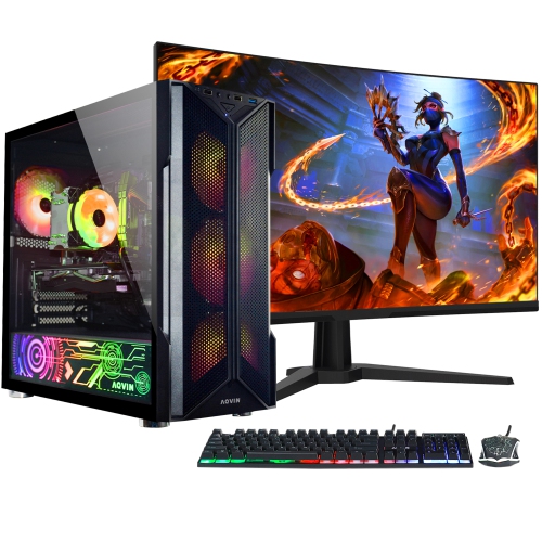 AQVIN -Aq20 Gaming PC Desktop Computer Tower- New 24 Inch Curved Gaming Monitor / Intel Core I7 Up to 4.00 Ghz, 32GB Ddr4 Ram, 1Tb SSD, Geforce Gtx 1650 4GB, Windows 10 Pro