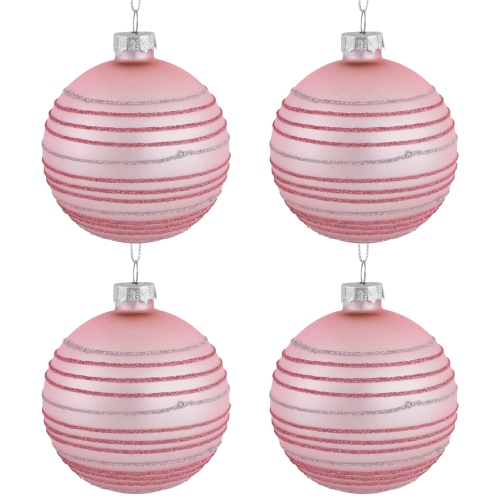 Glitter Striped Glass Christmas Ball Ornaments - 3" - Pink - 4ct