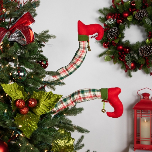 Set of 2 Red and Green Plaid Plush Elf Leg Christmas Picks 30"