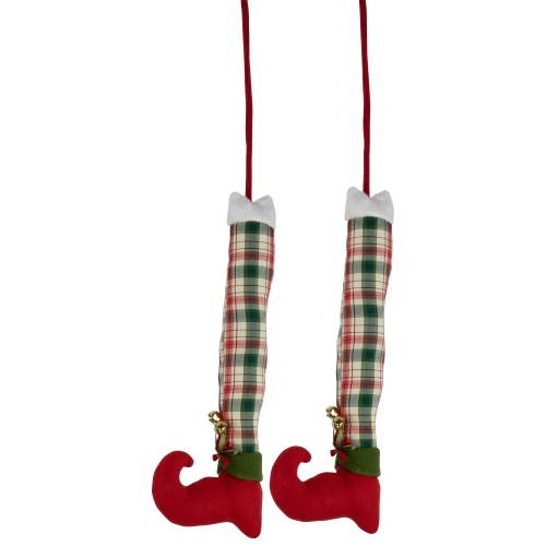 Set of 2 Red and Green Plaid Plush Elf Leg Christmas Picks 30"