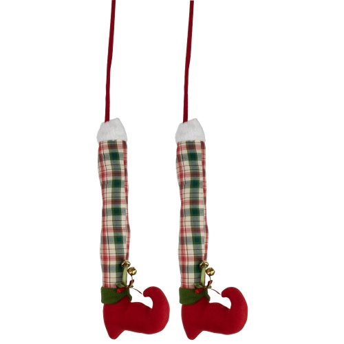 Set of 2 Red and Green Plaid Plush Elf Leg Christmas Picks 30"