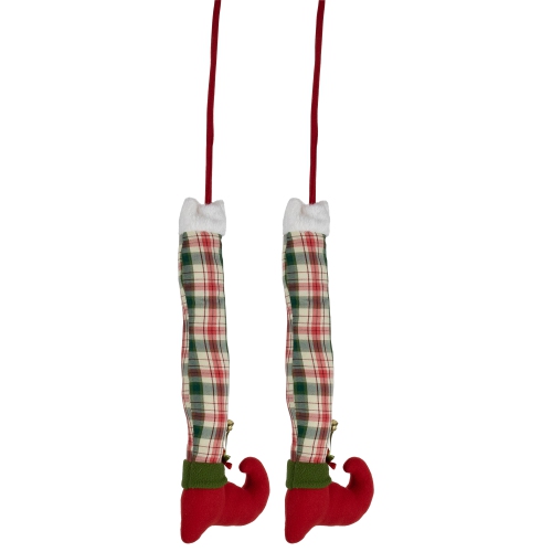 Set of 2 Red and Green Plaid Plush Elf Leg Christmas Picks 30"