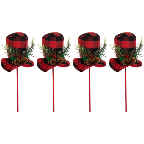 Set of 4 Red and Black Plaid Plush Winter Hat Christmas Picks 15"
