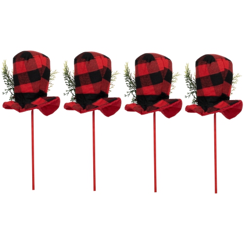 Set of 4 Red and Black Plaid Plush Winter Hat Christmas Picks 15"
