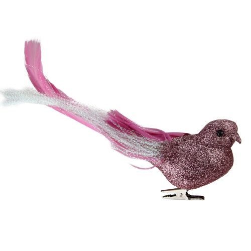 NORTHLIGHT  Glittered Bird With Feather Tail Clip-On Christmas Ornament - 7' - And Silver In Pink