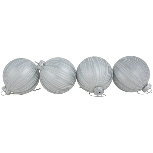 4ct Silver and White Glitter Striped Glass Ball Christmas Ornaments 3"