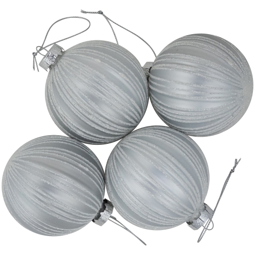 4ct Silver and White Glitter Striped Glass Ball Christmas Ornaments 3"