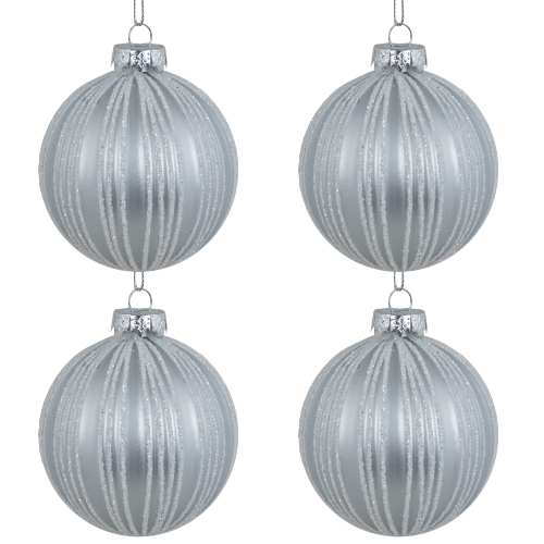 4ct Silver and White Glitter Striped Glass Ball Christmas Ornaments 3"