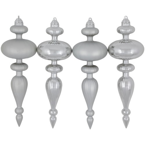 Commercial Size 2-Finish Christmas Finial Shatterproof Ornaments - Silver -12" - 4ct