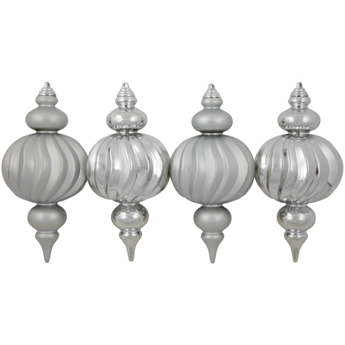 Commercial Size Shatterproof 2-Finish Finial Christmas Ornaments - Silver -10" - 4ct