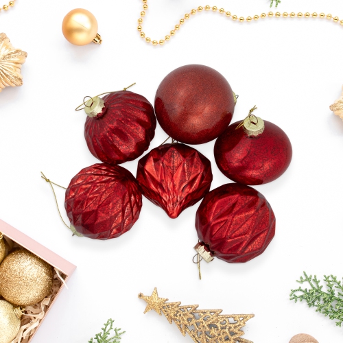 Shiny and Textured Glass Ball and Onion Christmas Ornaments - 3" -Red - 9ct