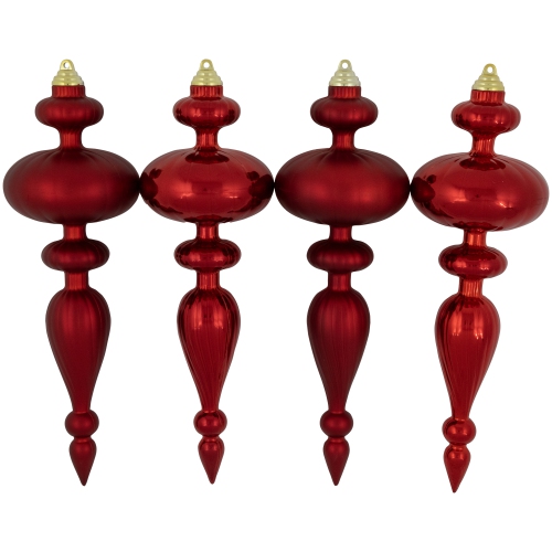 Commercial Size 2-Finish Christmas Finial Shatterproof Ornaments - Red -12" - 4ct