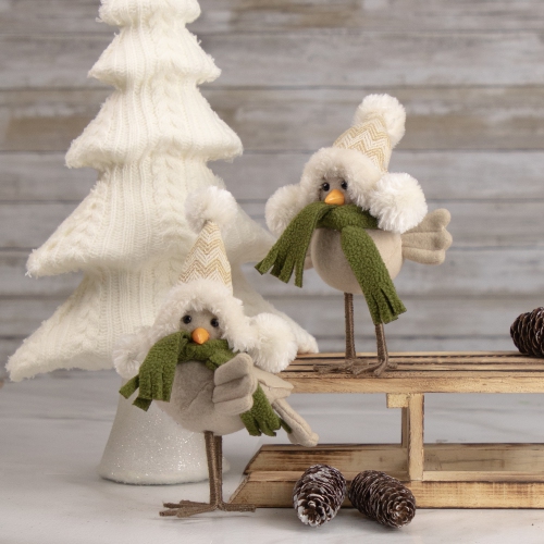 Plush Left Facing Standing Bird in Winter Apparel Christmas Figurine - 9"