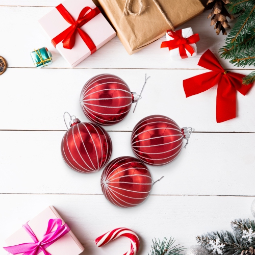 4ct Shiny Red and White Striped Glass Ball Christmas Ornaments 3"