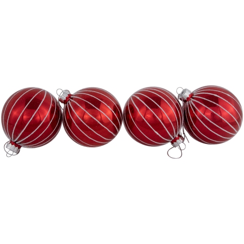 4ct Shiny Red and White Striped Glass Ball Christmas Ornaments 3"