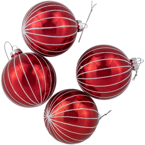 4ct Shiny Red and White Striped Glass Ball Christmas Ornaments 3"