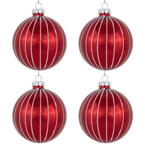 4ct Shiny Red and White Striped Glass Ball Christmas Ornaments 3"