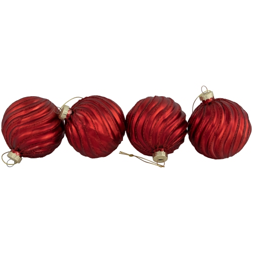 Glittery Swirls Glass Christmas Ball Ornaments - 3" - Red - 4ct