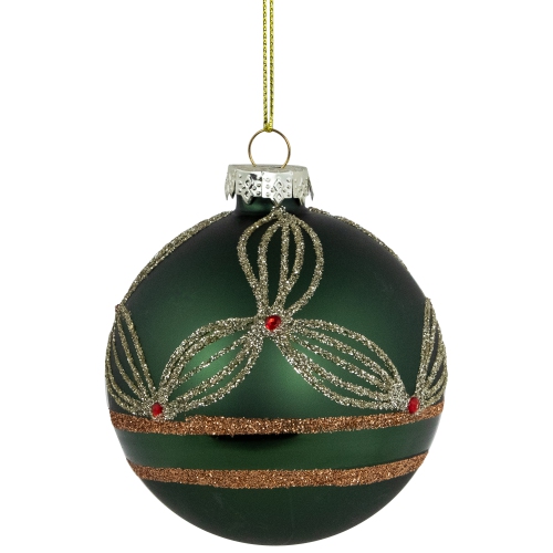 Holly Berry Christmas Glass Ball Ornaments - 3" - Green and Gold - 4ct