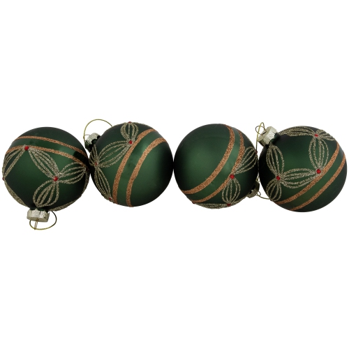 Holly Berry Christmas Glass Ball Ornaments - 3" - Green and Gold - 4ct