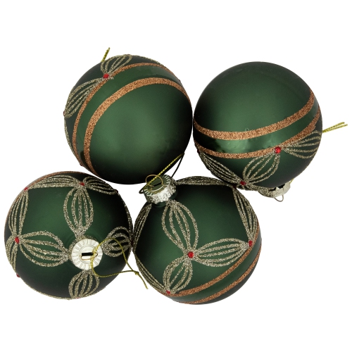 Holly Berry Christmas Glass Ball Ornaments - 3" - Green and Gold - 4ct