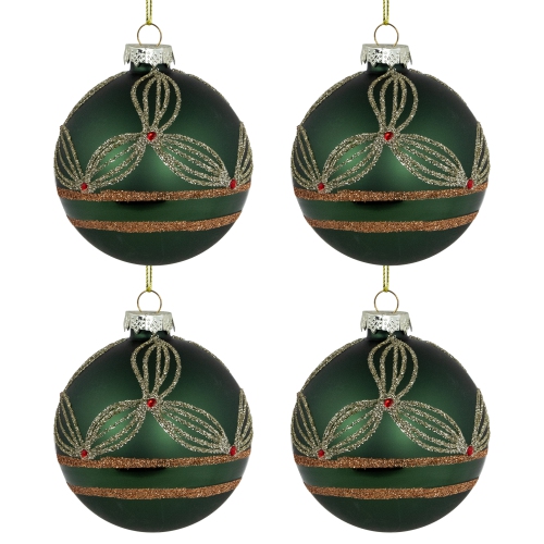 Holly Berry Christmas Glass Ball Ornaments - 3" - Green and Gold - 4ct