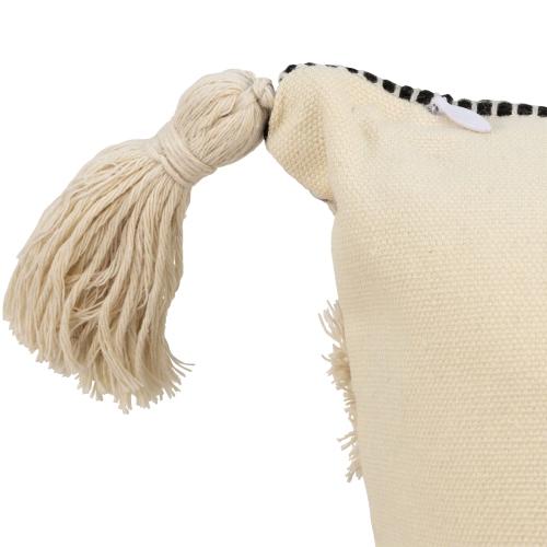 Coussin décoratif carré rayé beige et noir de 17 po avec pampilles