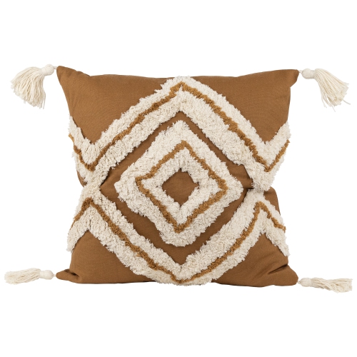 Image 1 de 6.. Coussin décoratif carré en coton boho brun chameau de 16 po avec pampilles