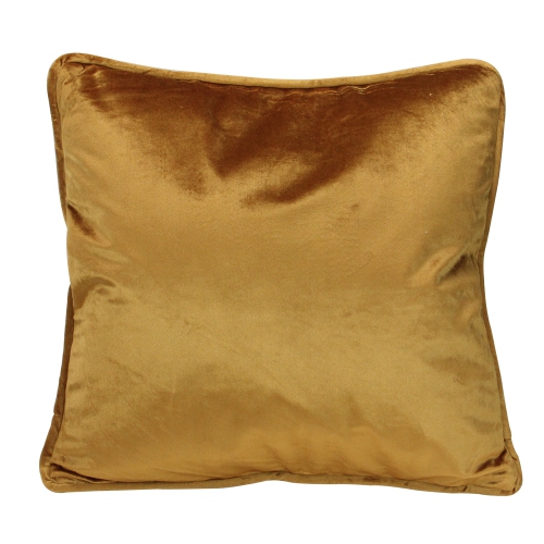 Coussin décoratif carré en velours moelleux de couleur moutarde dorée unie de 18 po avec bordure passepoilée