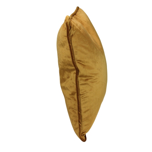 Coussin décoratif carré en velours moelleux de couleur moutarde dorée unie de 18 po avec bordure passepoilée