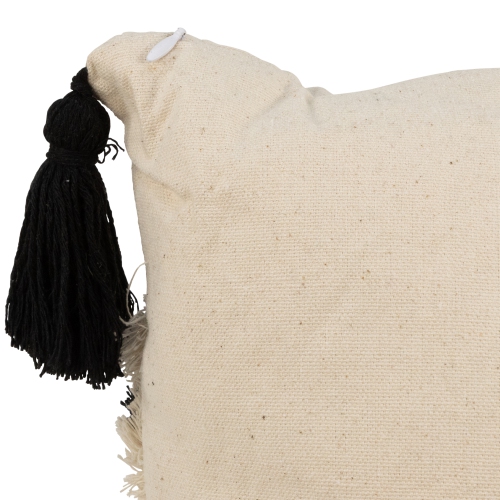 Coussin décoratif carré en coton boho beige et noir de 15 po avec pampilles