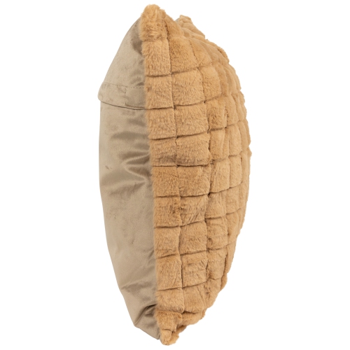 Coussin décoratif carré à motif écossais en fausse fourrure, lapin kaki, 18 po